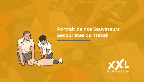 Illustration de deux personnes réalisant un massage cardiaque sur un mannequin de secourisme, avec en arrière-plan une scène de formation aux premiers secours en entreprise.